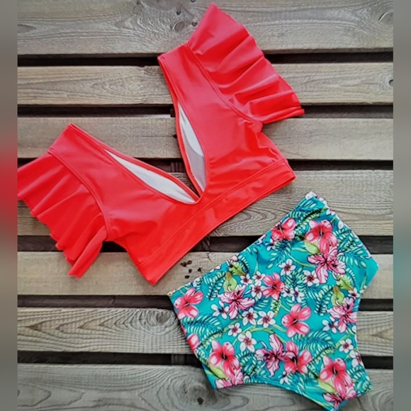 NWT WOMENS RUFFLE HIGH WAIST Swimsuit Two Piece Push Up Tropical Print Bikini - Picture 3 of 10